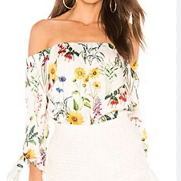 Bailey 44 Revolve Colorful Floral Botanical Off Shoulder Blouse in Chalk - Picture 2 of 16